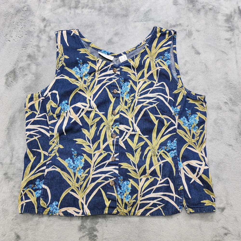 Vintage Liz Claiborne Top Womens XL Blue Green Floral Denim Sleeveless Button Up